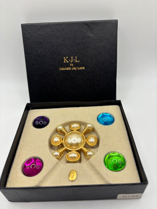 K.J.L by Kenneth Jay Lane Gold Brooch / Necklace with Colorful Stones
