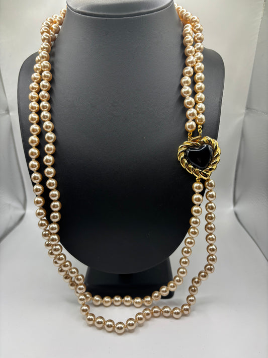 Joan Rivers Pearl Necklace with Black Heart Pendant.