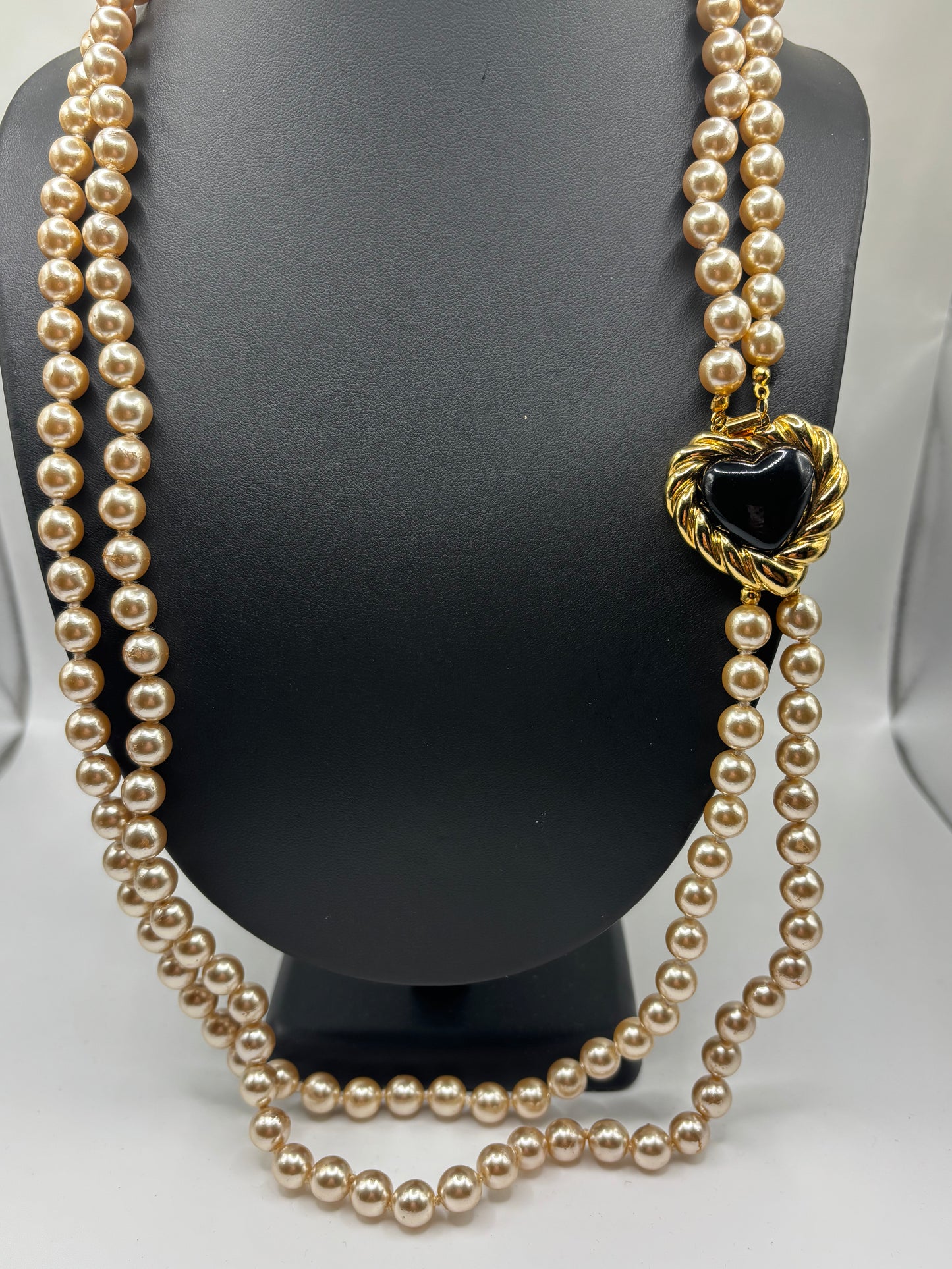 Joan Rivers Pearl Necklace with Black Heart Pendant.
