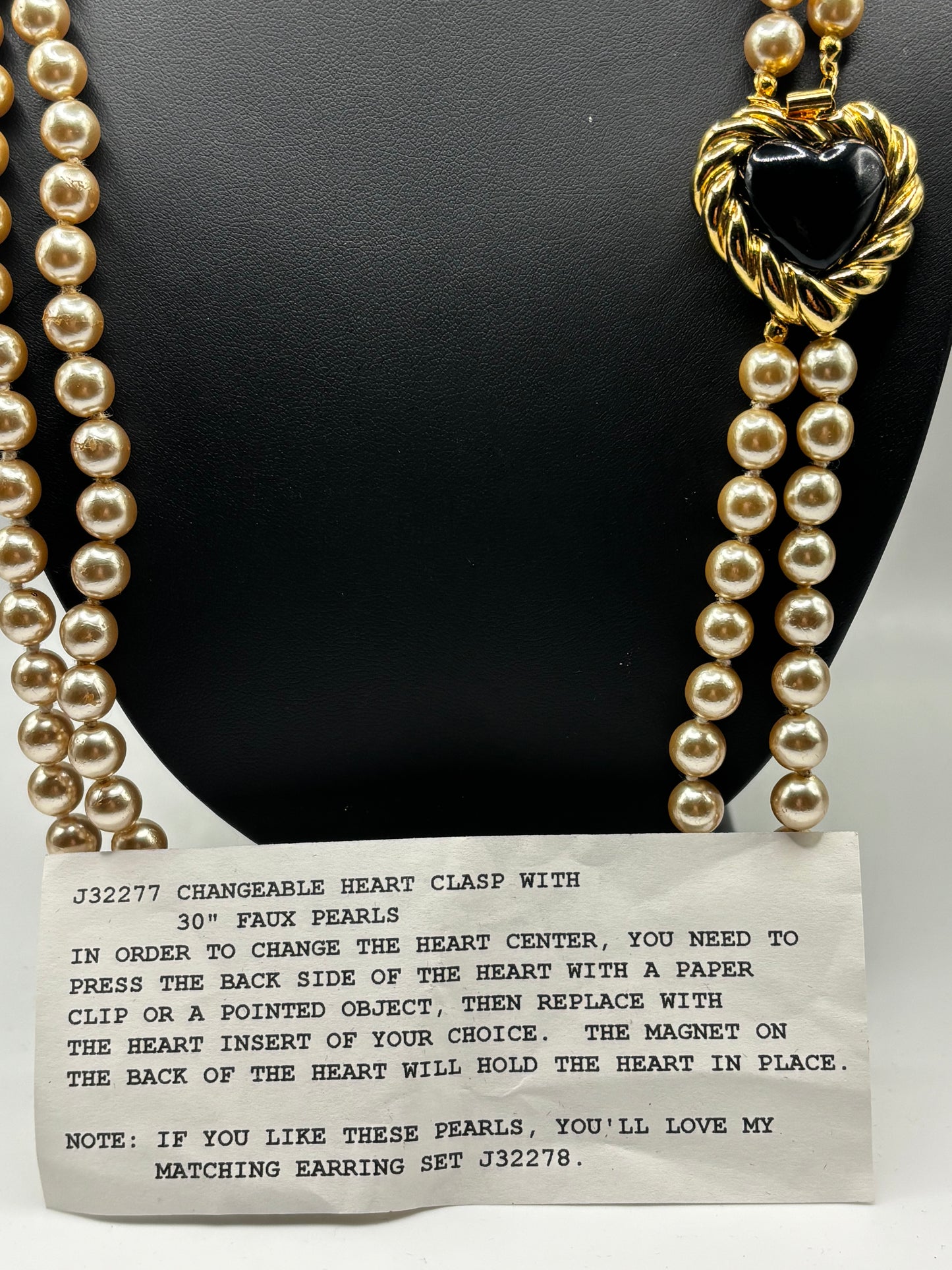 Joan Rivers Pearl Necklace with Black Heart Pendant.