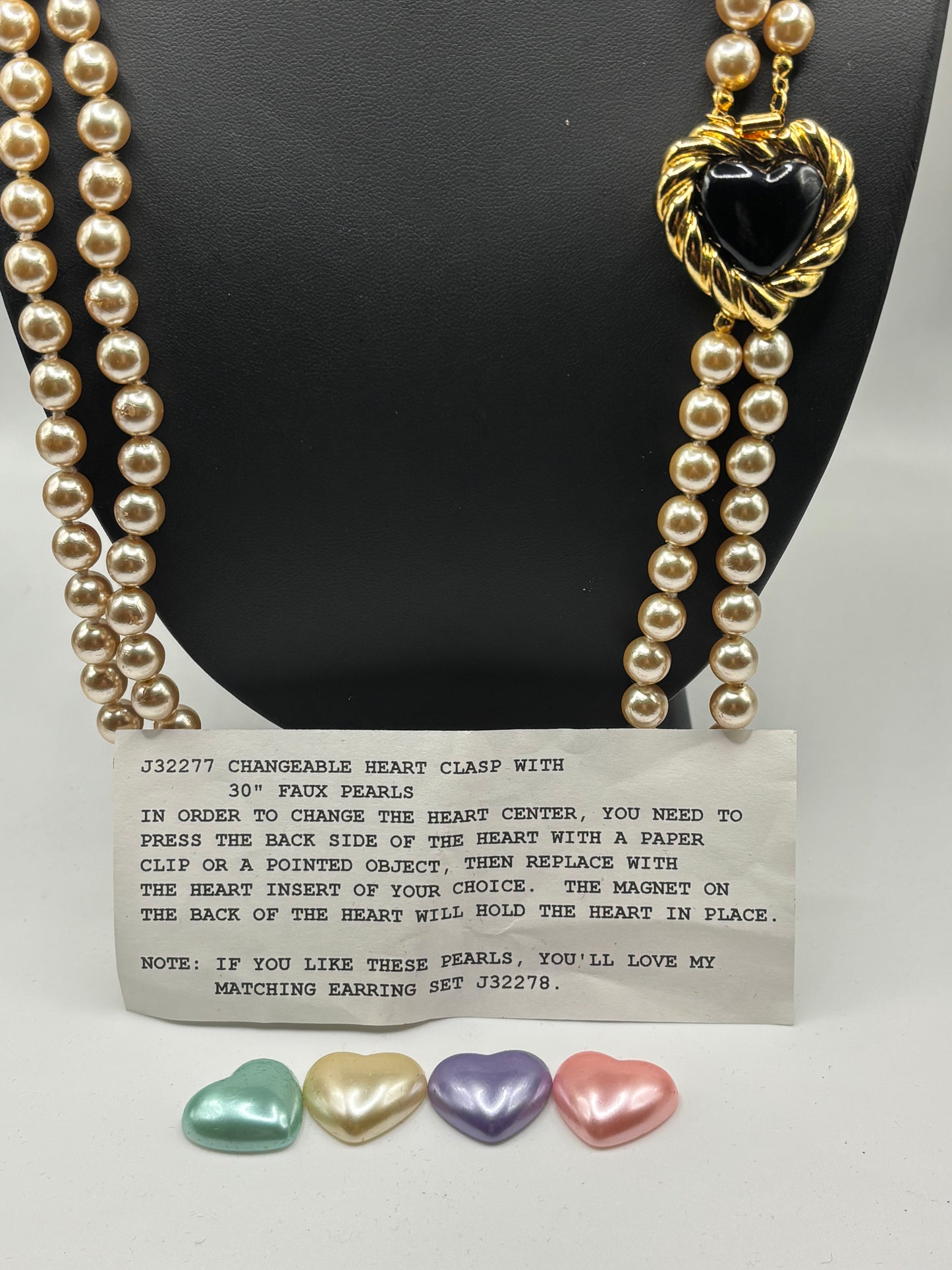 Joan Rivers Pearl Necklace with Black Heart Pendant.