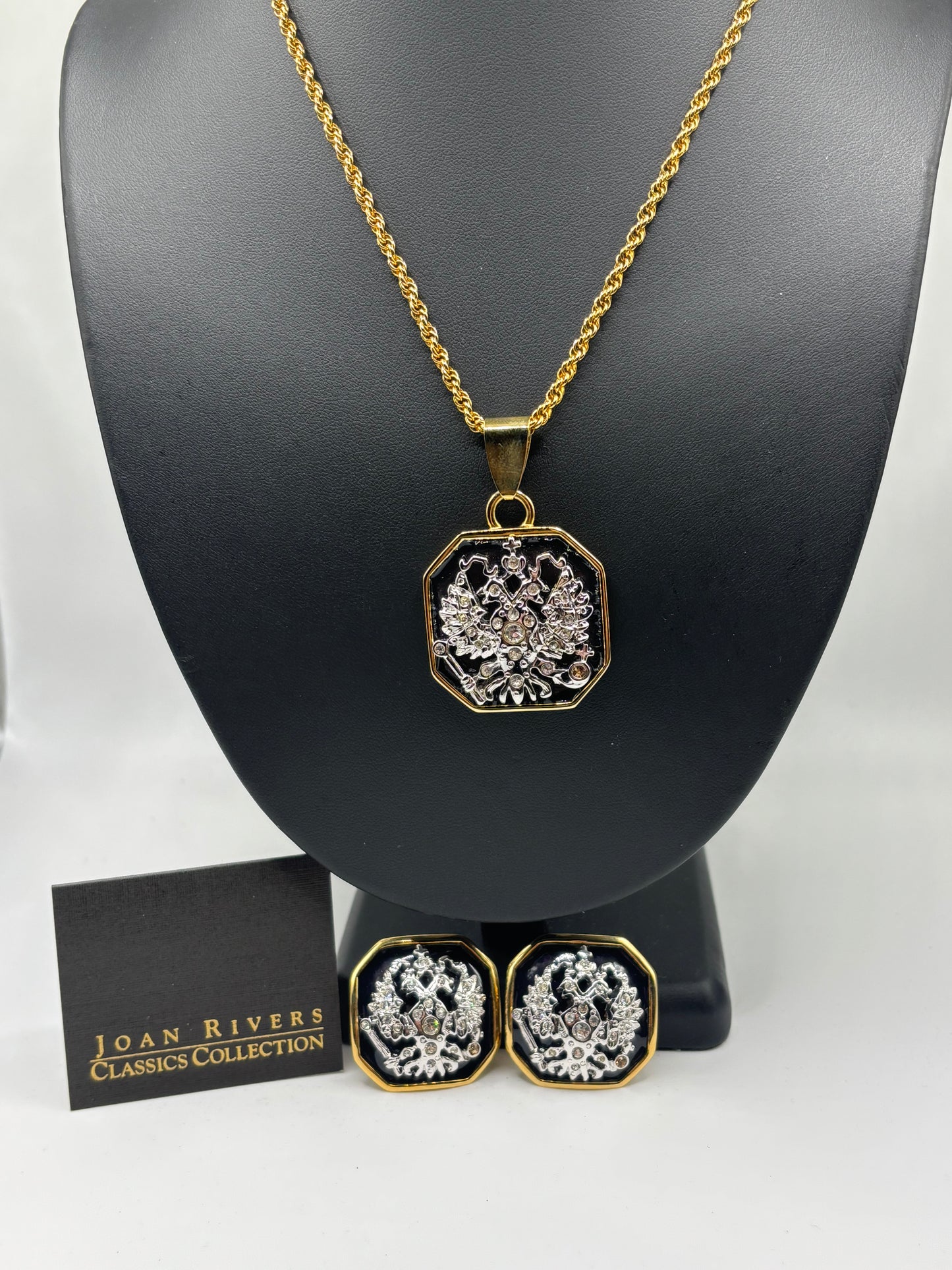 Vintage Joan Rivers Black and Gold Necklace and Earrings Set